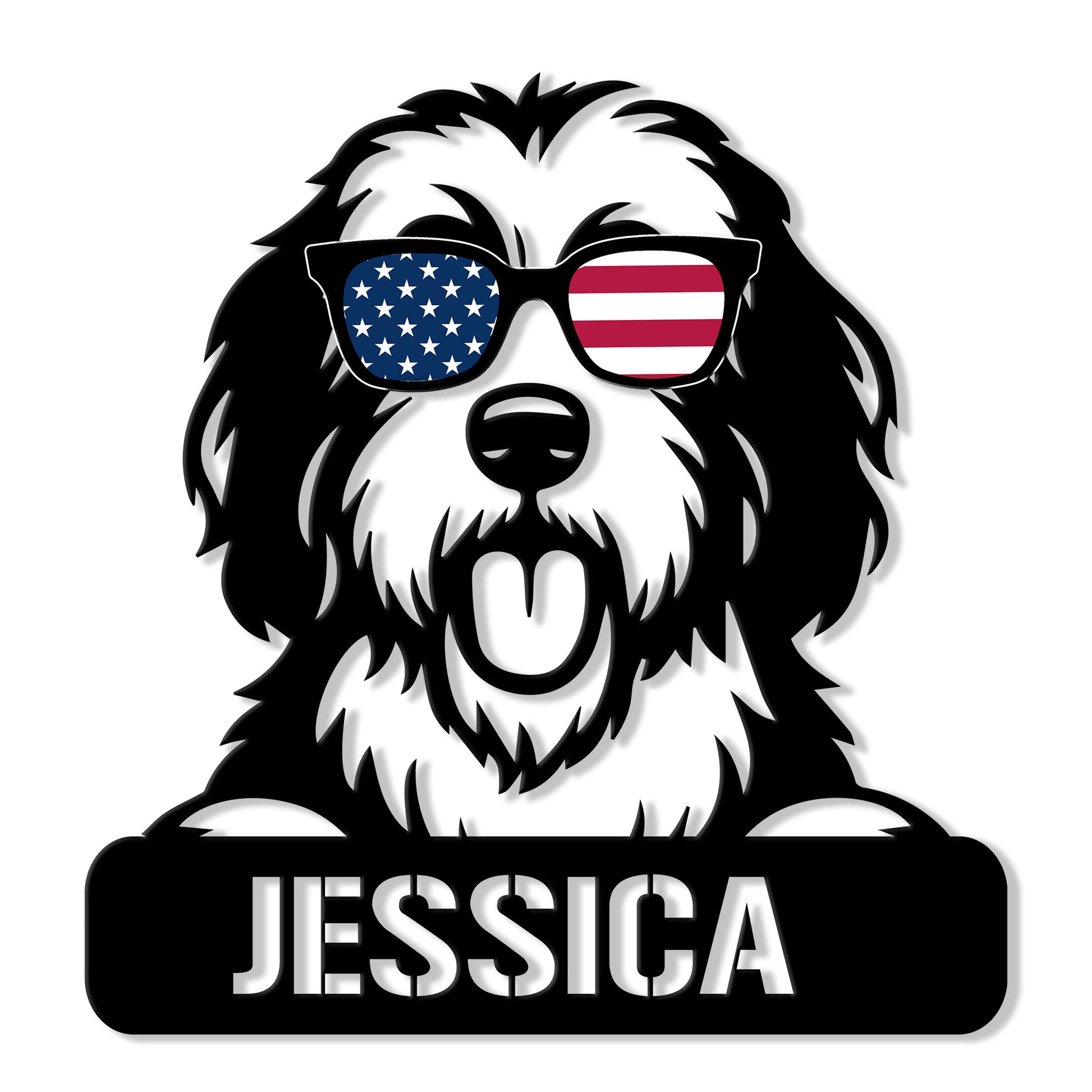Custom Old English Sheepdog metal sign featuring a shaggy dog portrait wearing patriotic American flag sunglasses