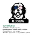 Old English Sheepdog metal sign product feature showing the shaggy dog portrait and patriotic sunglasses design