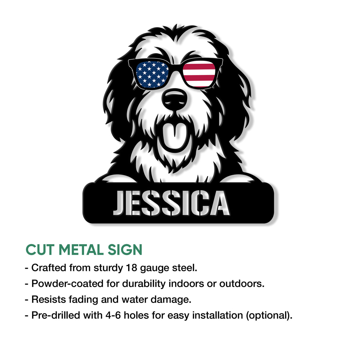 Old English Sheepdog metal sign product feature showing the shaggy dog portrait and patriotic sunglasses design