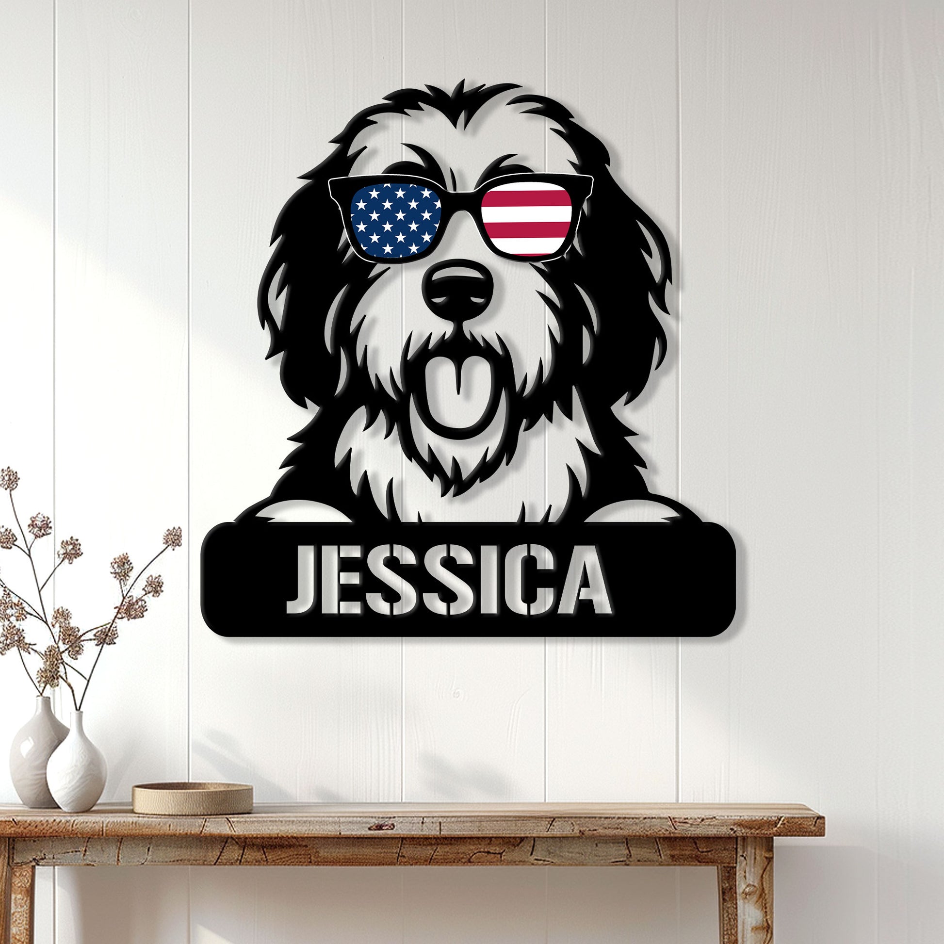 Old English Sheepdog wall sign displayed on a bright paneled wall above a console table