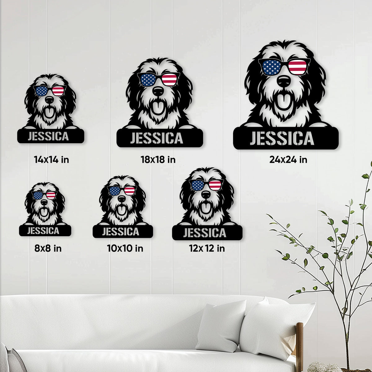 Old English Sheepdog metal sign size guide showing six available square size options