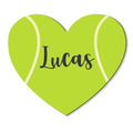 Heart-shaped tennis ball metal sign in bright green with a bold custom design across the center