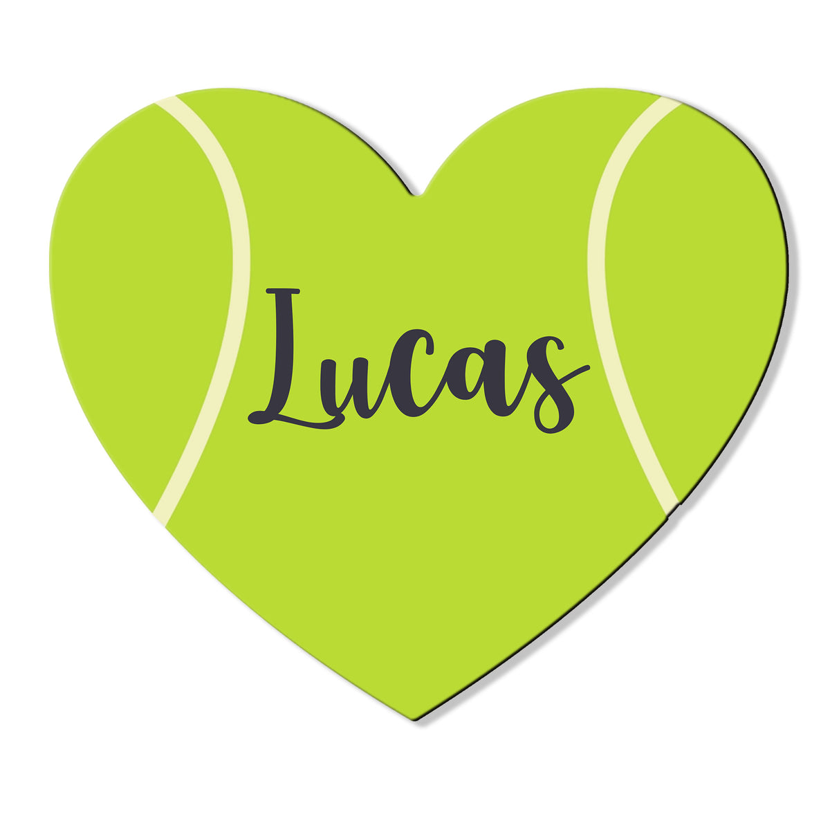 Heart-shaped tennis ball metal sign in bright green with a bold custom design across the center