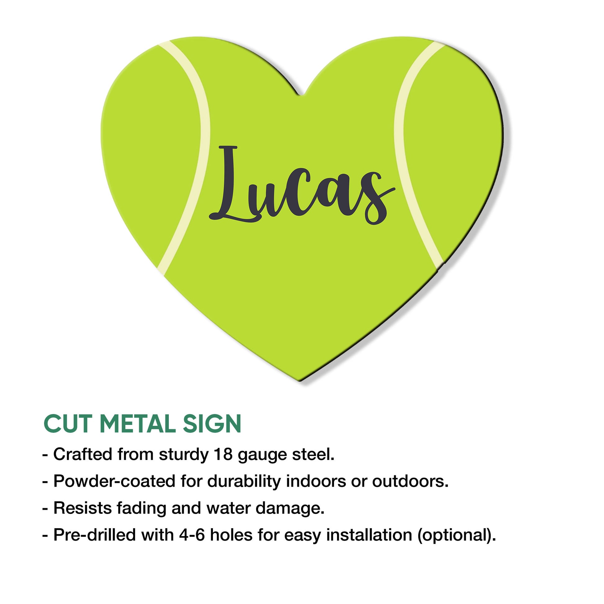 Heart-shaped tennis wall sign shown with a cut metal sign feature overview