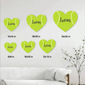 Tennis ball heart sign shown in six available sizes from 8 by 8 to 24 by 24 inches