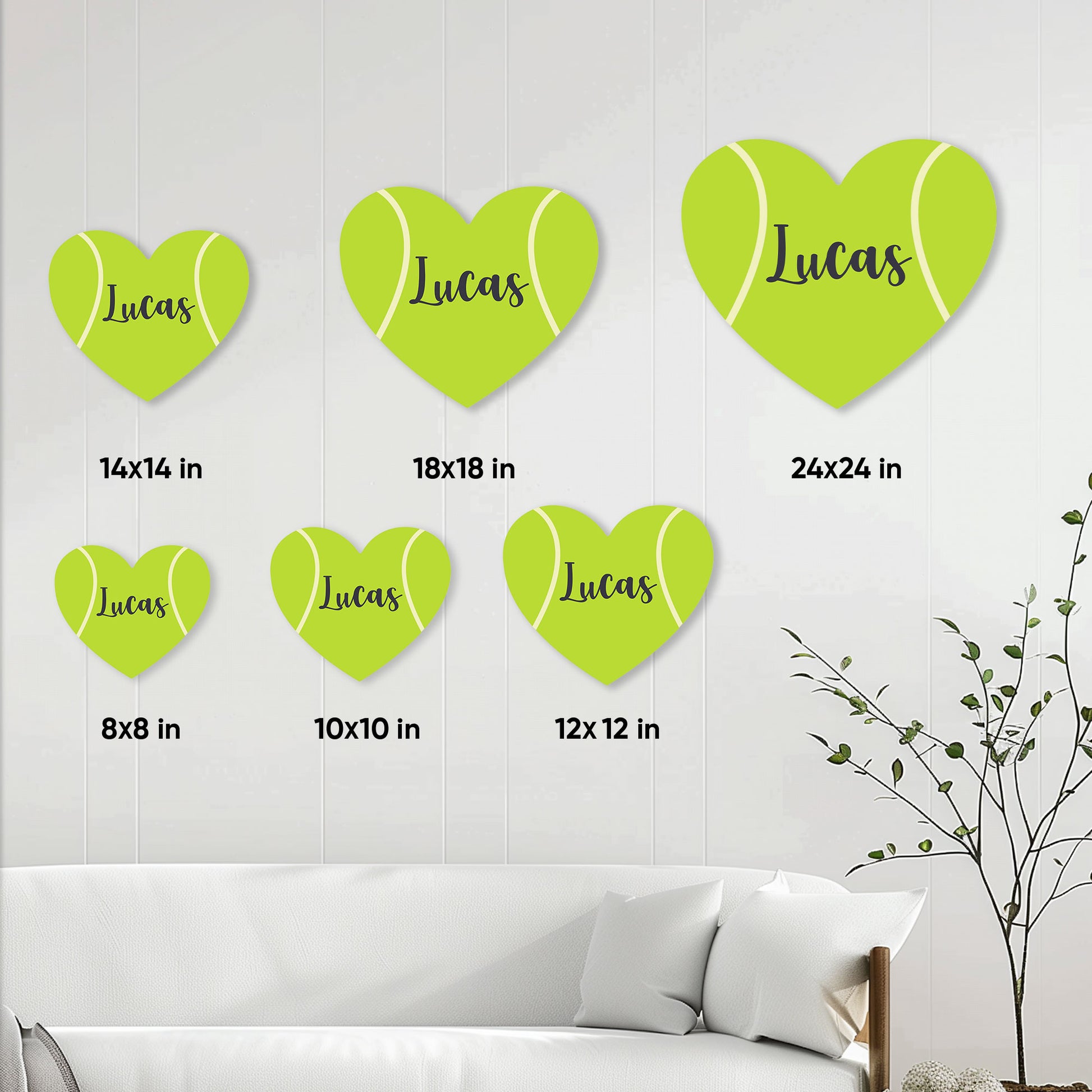 Tennis ball heart sign shown in six available sizes from 8 by 8 to 24 by 24 inches