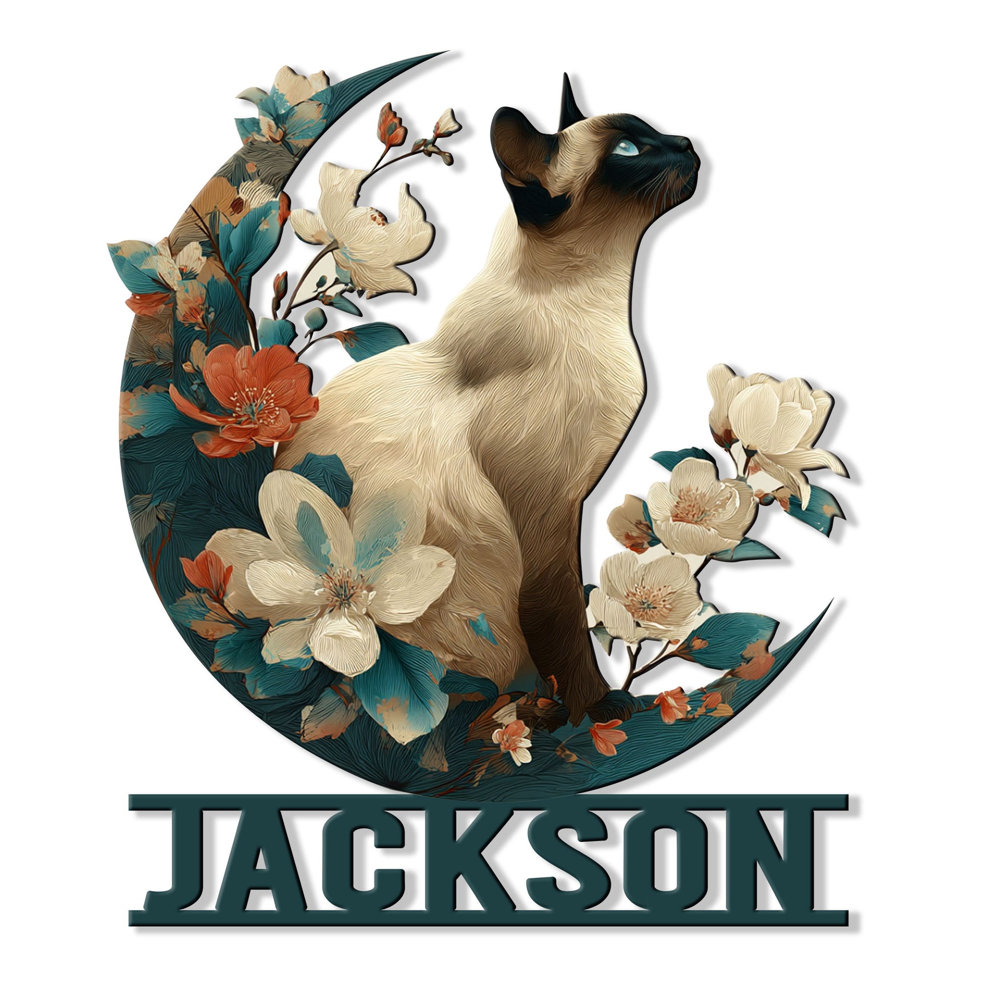 Floral Siamese cat metal sign featuring a blue-eyed cat surrounded by colorful blossoms