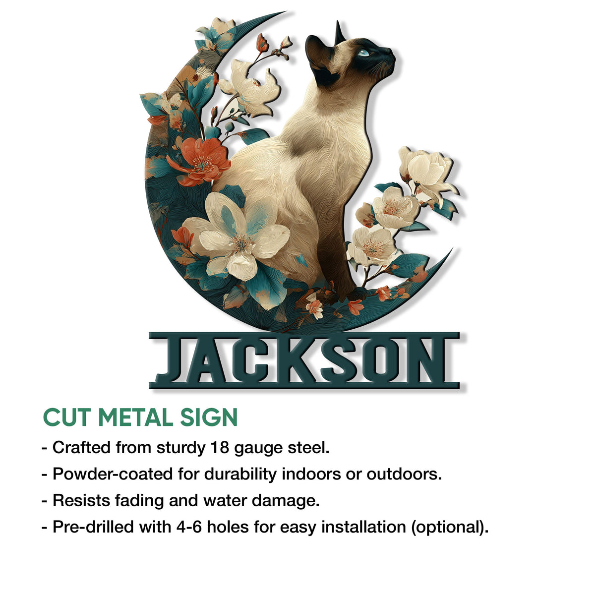 Siamese cat cut metal sign with a floral botanical design shown as wall decor