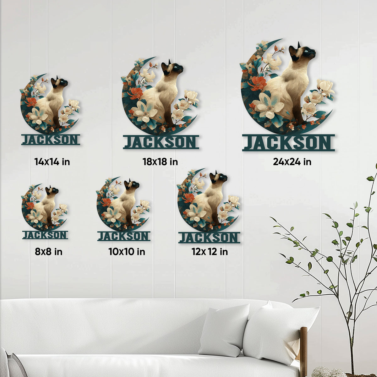 Siamese cat metal sign size guide showing six available square dimensions