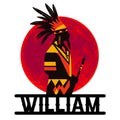Native American metal sign featuring a colorful profile portrait with feathered headdress and geometric patterns