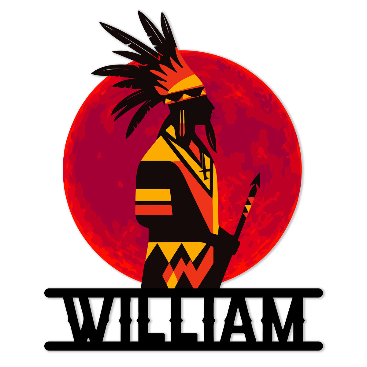 Native American metal sign featuring a colorful profile portrait with feathered headdress and geometric patterns