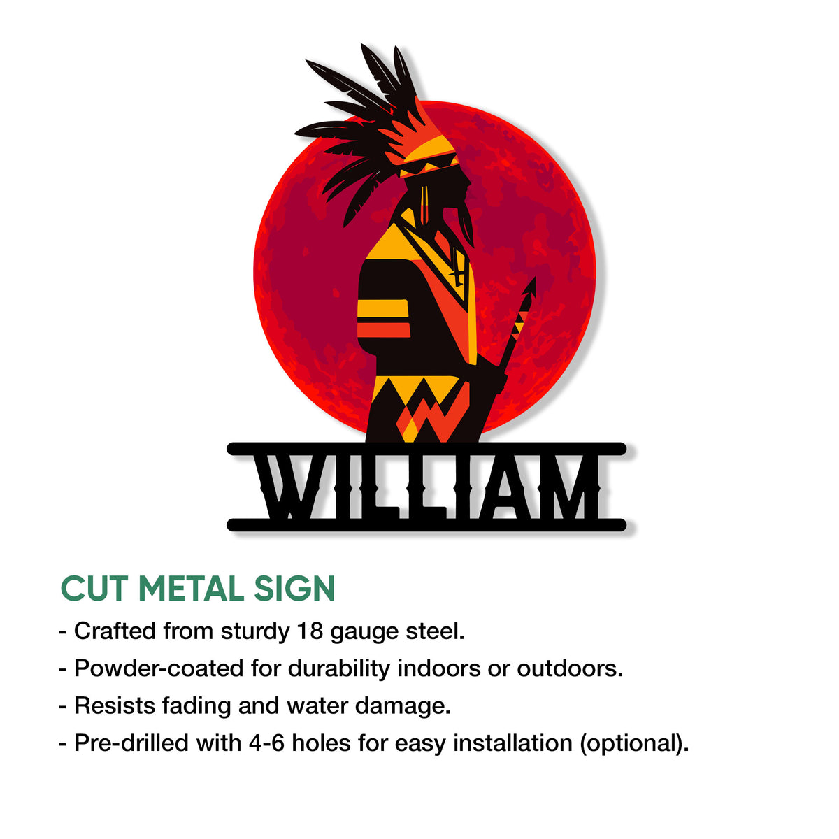 Cut metal Native American wall sign showcasing a bold feathered headdress portrait and vibrant circular backdrop
