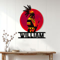 Native American wall decor displayed on a light wood-paneled wall above a console table