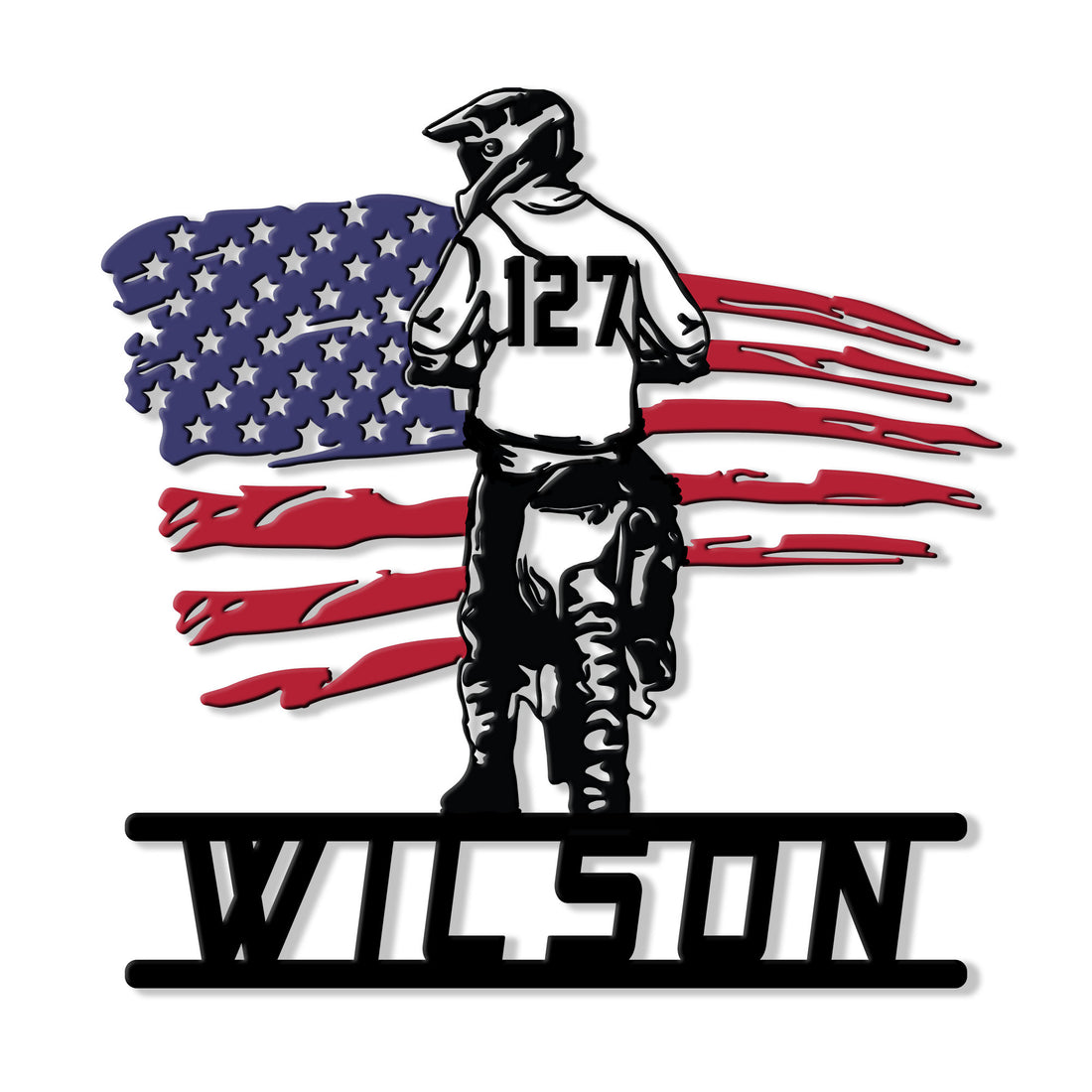 Custom motocross rider metal sign with a patriotic American flag design for garage or workshop decor