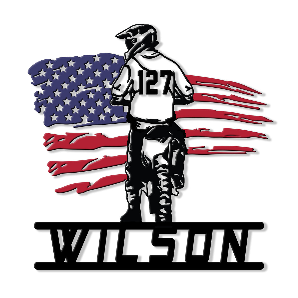Custom motocross rider metal sign with a patriotic American flag design for garage or workshop decor