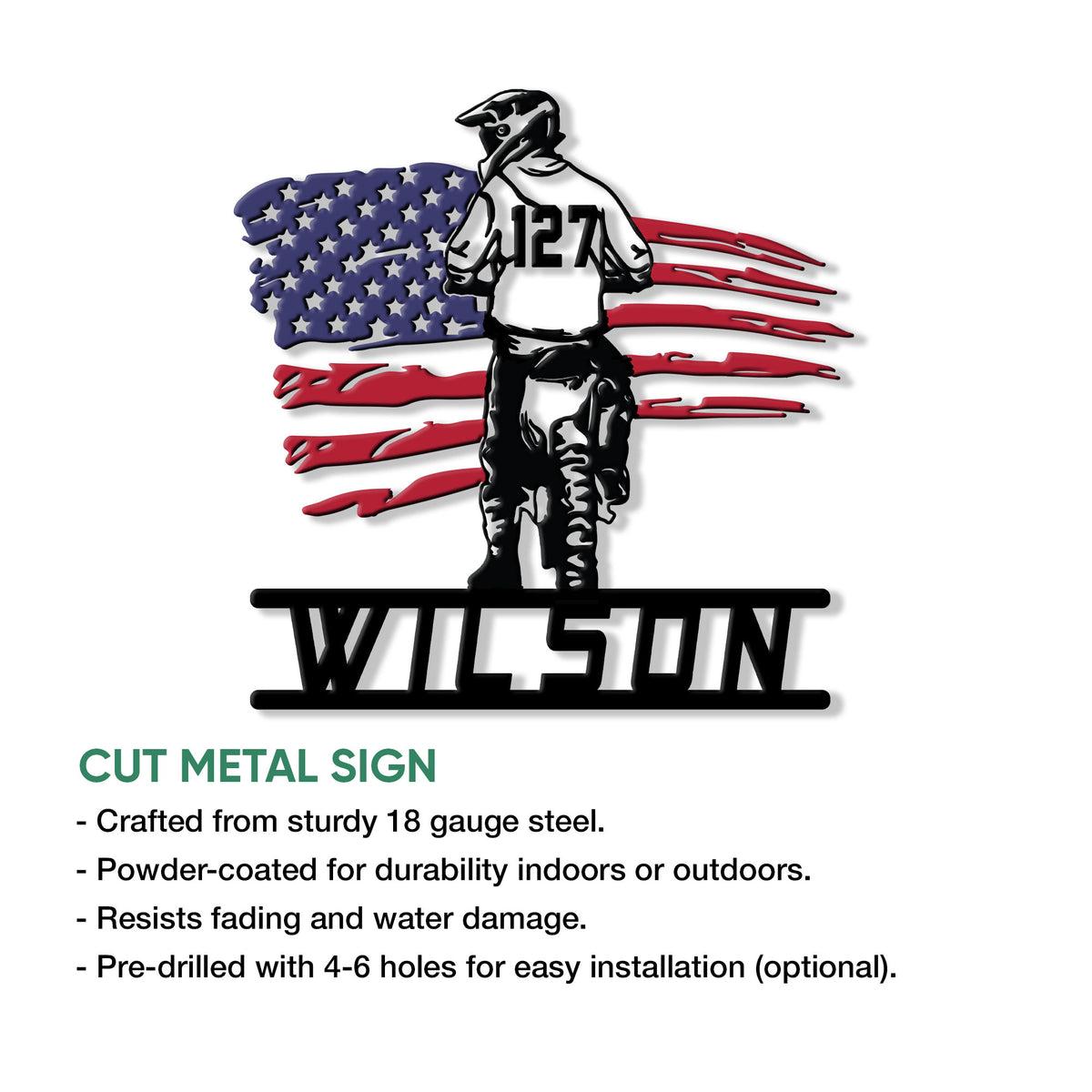 Cut metal motocross sign featuring a helmeted racer silhouette over a distressed American flag