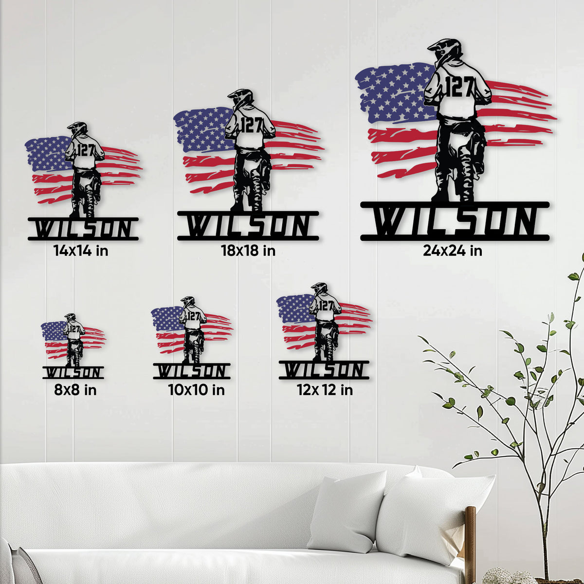 Motocross rider metal sign shown in six size options from 8 by 8 inches to 24 by 24 inches