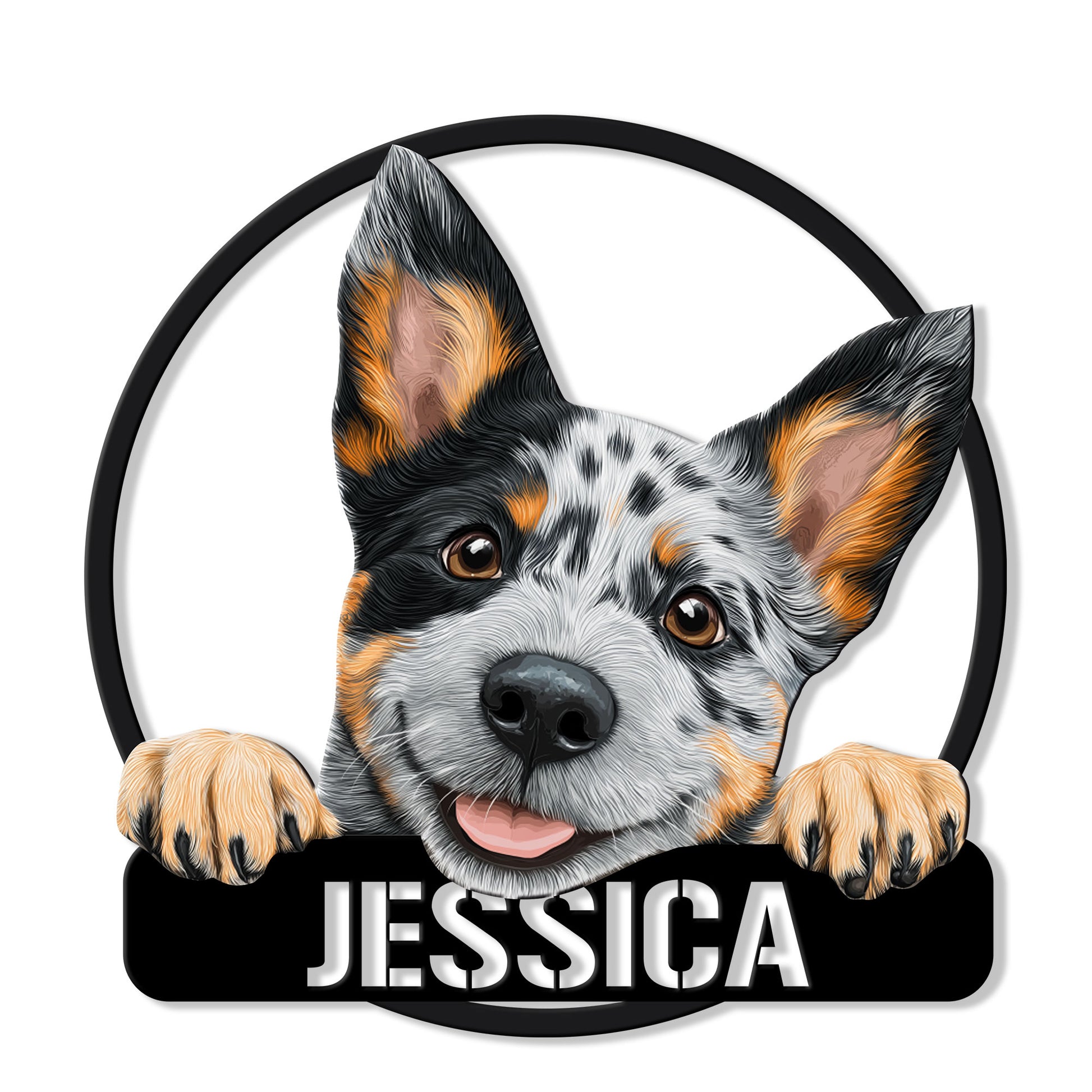 Australian Cattle Dog metal sign featuring a playful blue heeler portrait with paws over a bold black plaque