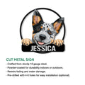 Australian Cattle Dog metal sign feature graphic showing the playful blue heeler artwork and product highlights
