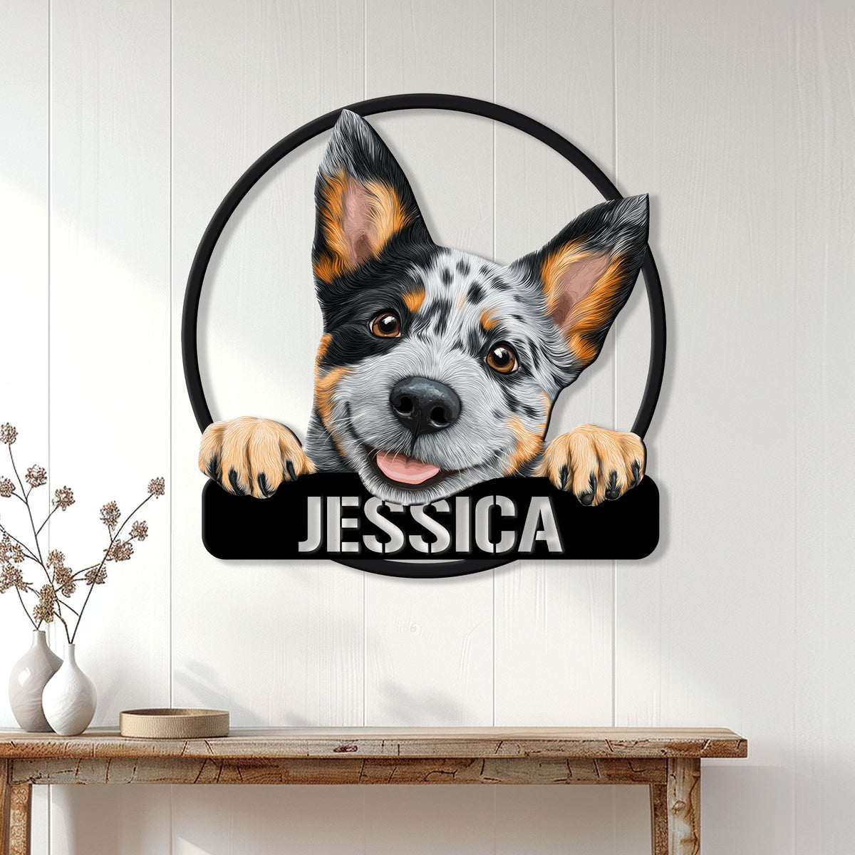Australian Cattle Dog wall sign displayed on a white paneled wall in a bright home entryway