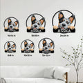 Australian Cattle Dog metal sign size guide showing six available square size options in a living room setting