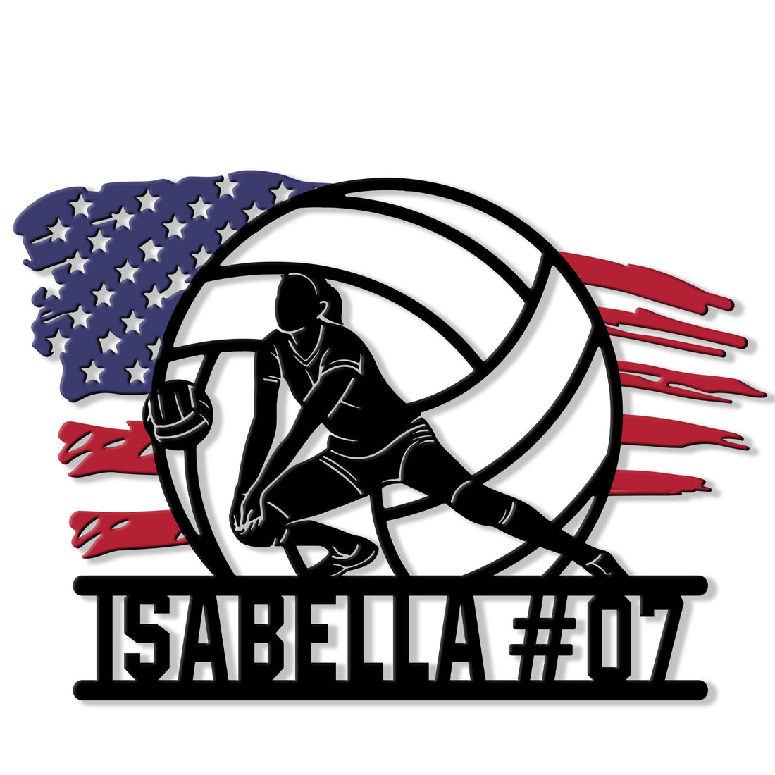 Custom volleyball metal sign featuring a female player silhouette inside a volleyball with an American flag-inspired backdrop