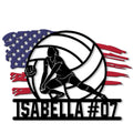 Custom volleyball metal sign featuring a female player silhouette inside a volleyball with an American flag-inspired backdrop