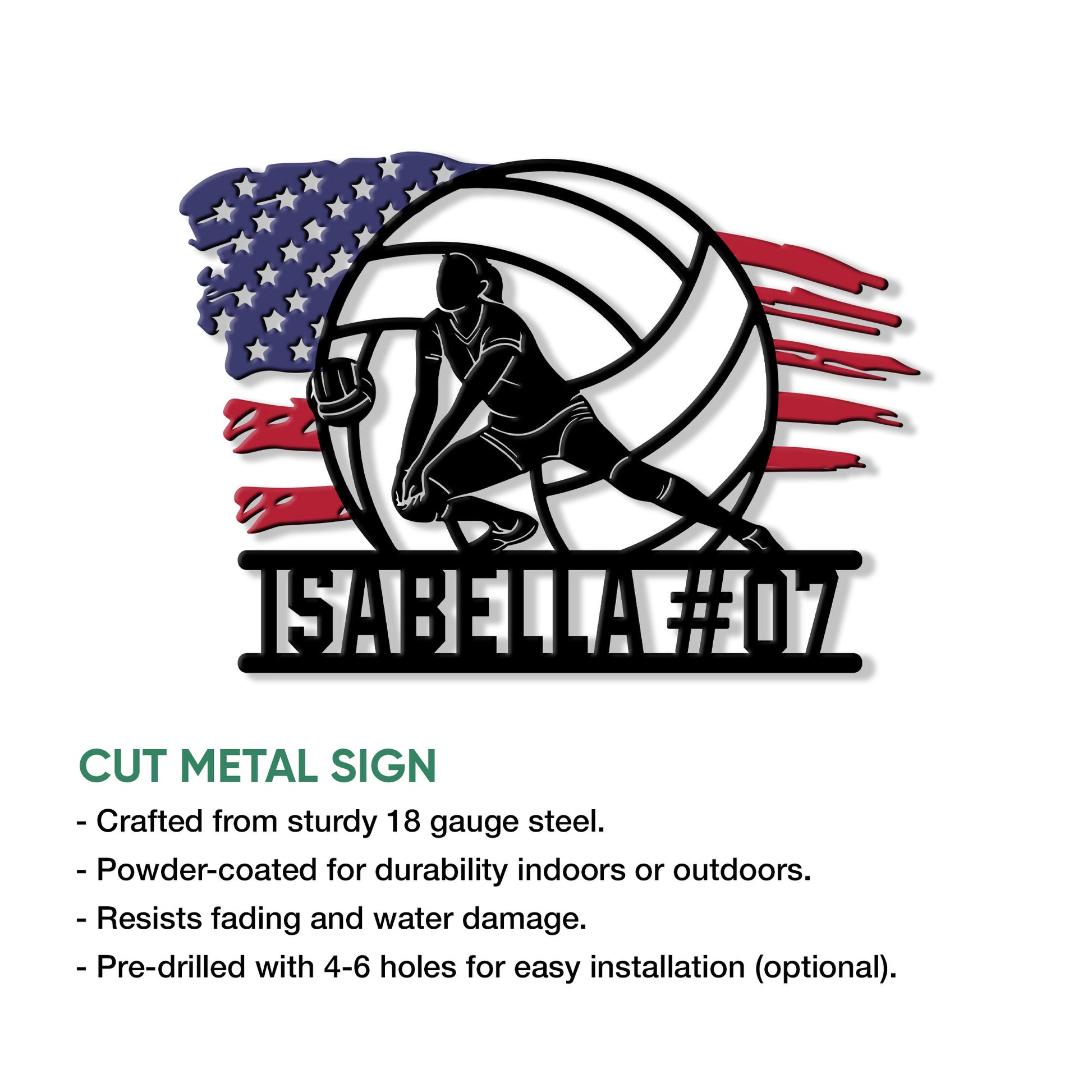 Volleyball cut metal sign showing an athlete silhouette, ball design, and indoor or outdoor display features