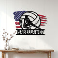 Volleyball athlete metal wall sign displayed on a light paneled wall above a rustic console table