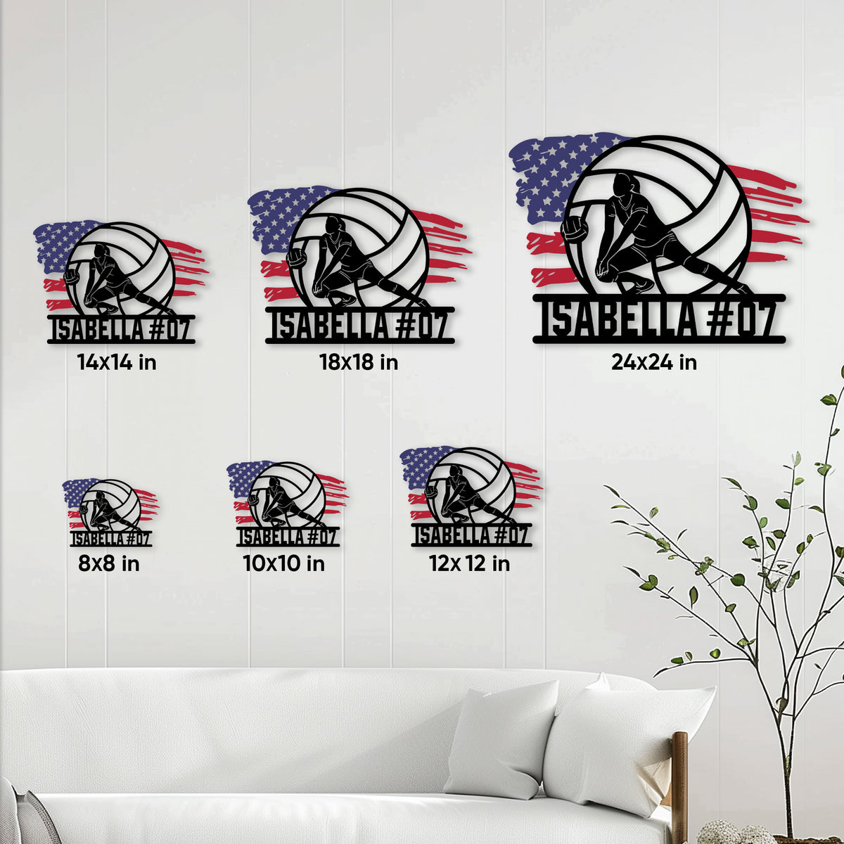 Volleyball metal sign size guide showing multiple square size options in a living room setting