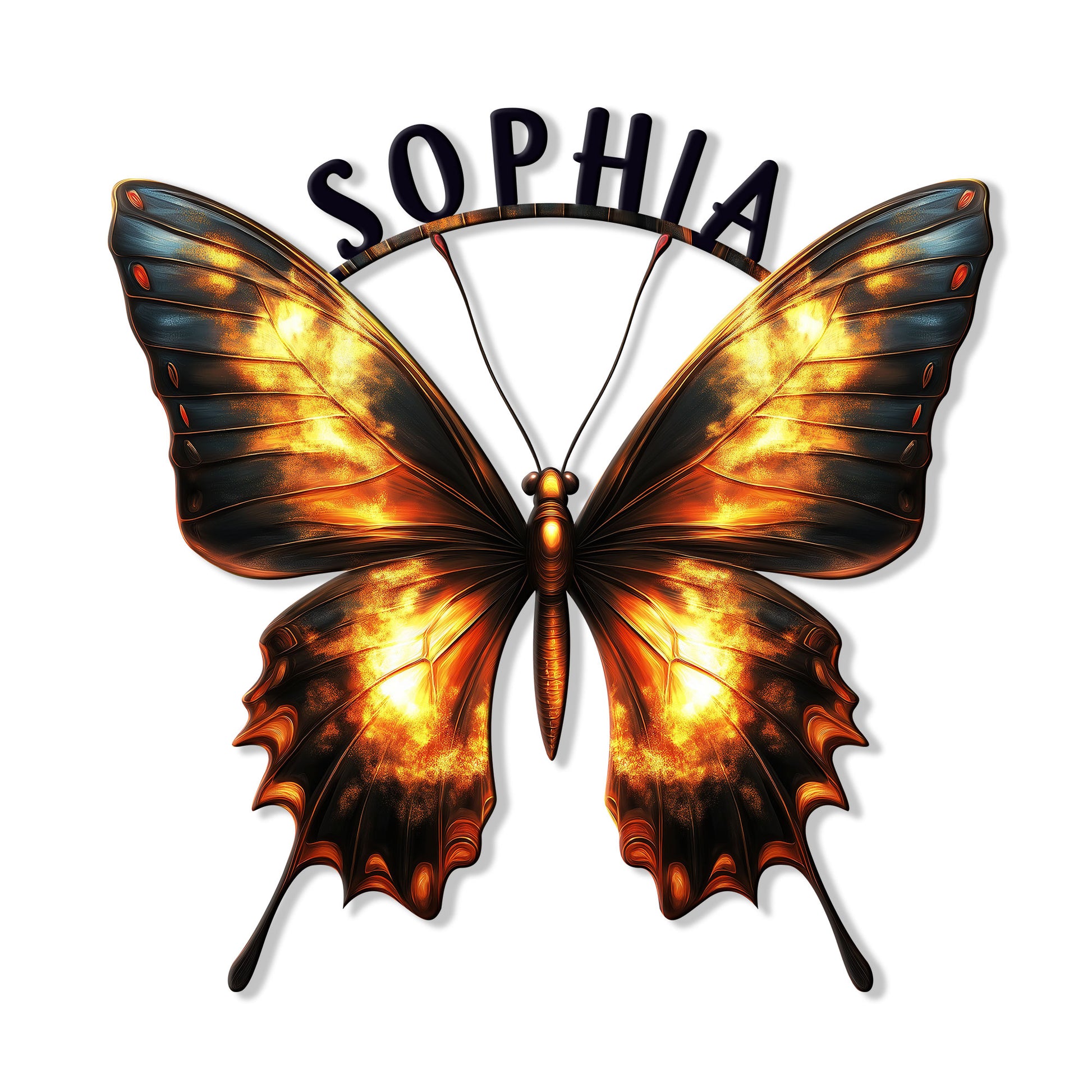 Dramatic orange and black butterfly metal sign with detailed wings and a custom arched design