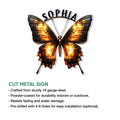 Orange and black butterfly cut metal sign shown with product feature information