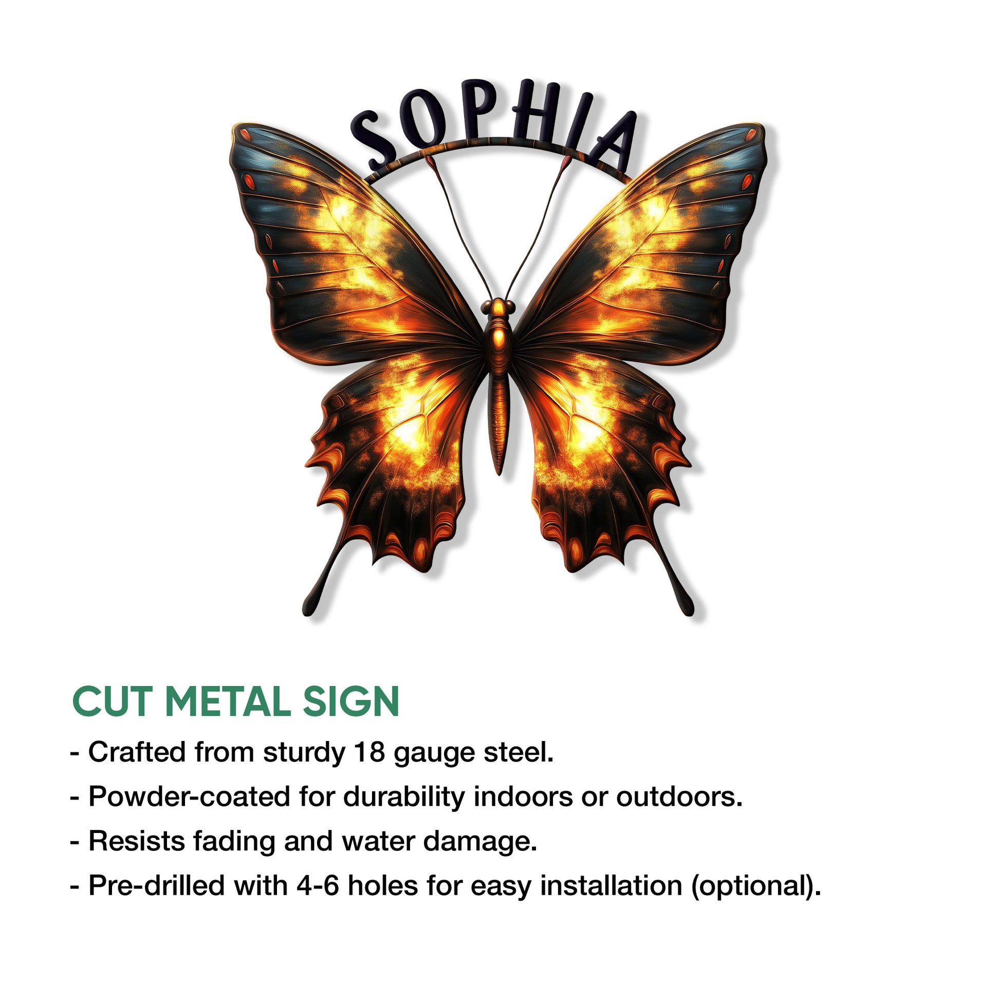 Orange and black butterfly cut metal sign shown with product feature information