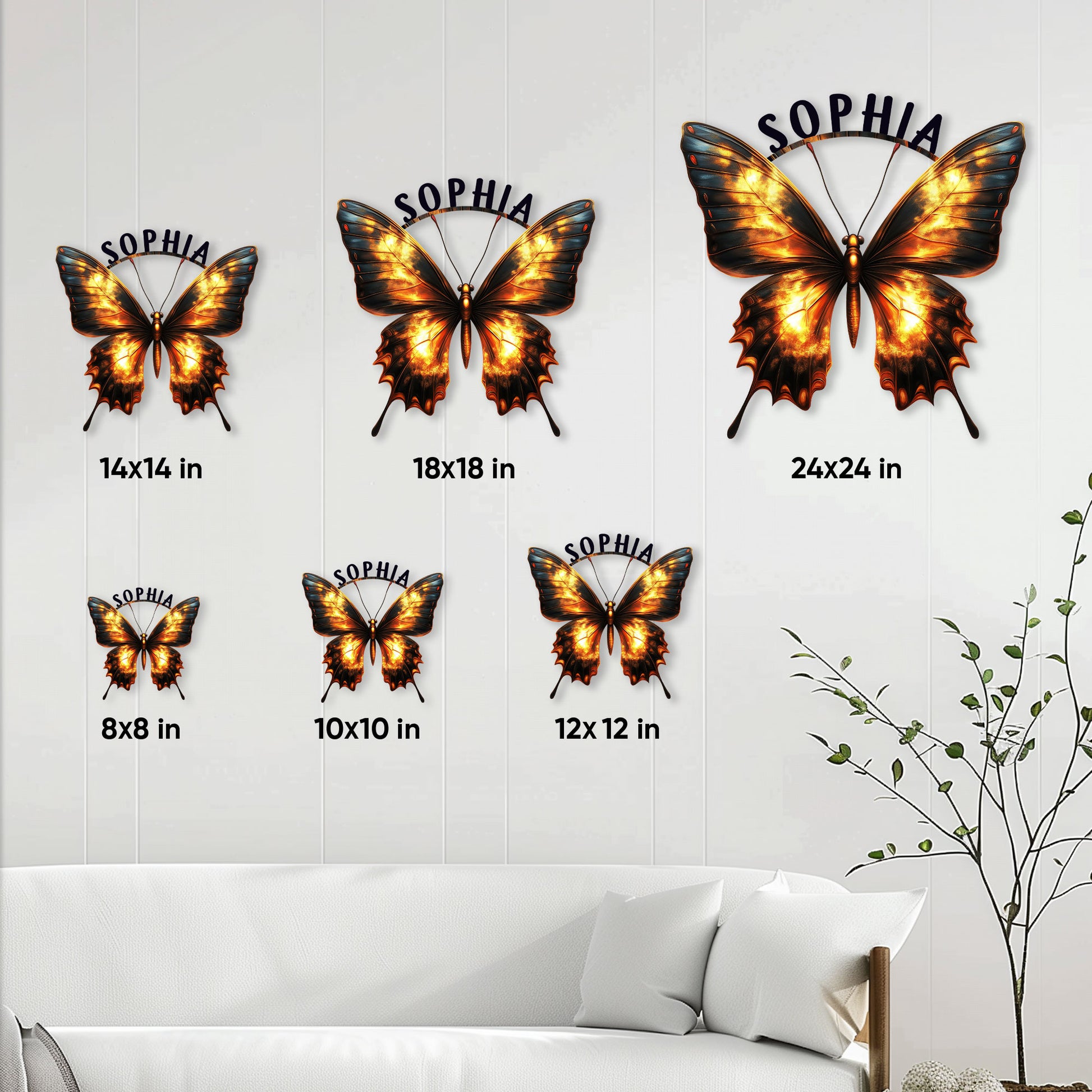 Butterfly metal sign size guide showing multiple square size options in a living room setting