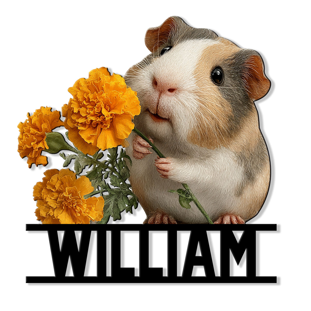 Guinea pig metal sign featuring a realistic cavy holding bright orange marigold flowers