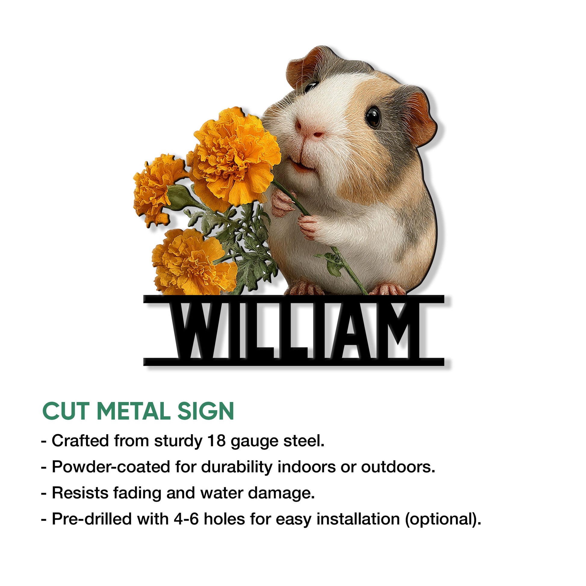 Custom guinea pig metal sign shown as a cut steel wall accent with a cavy and marigolds
