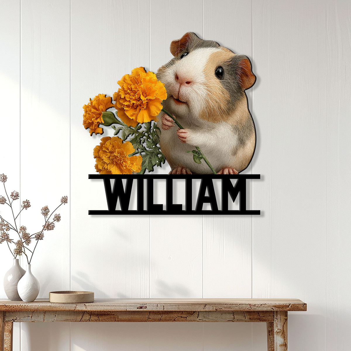 Guinea pig wall decor displayed above a console table in a bright home interior