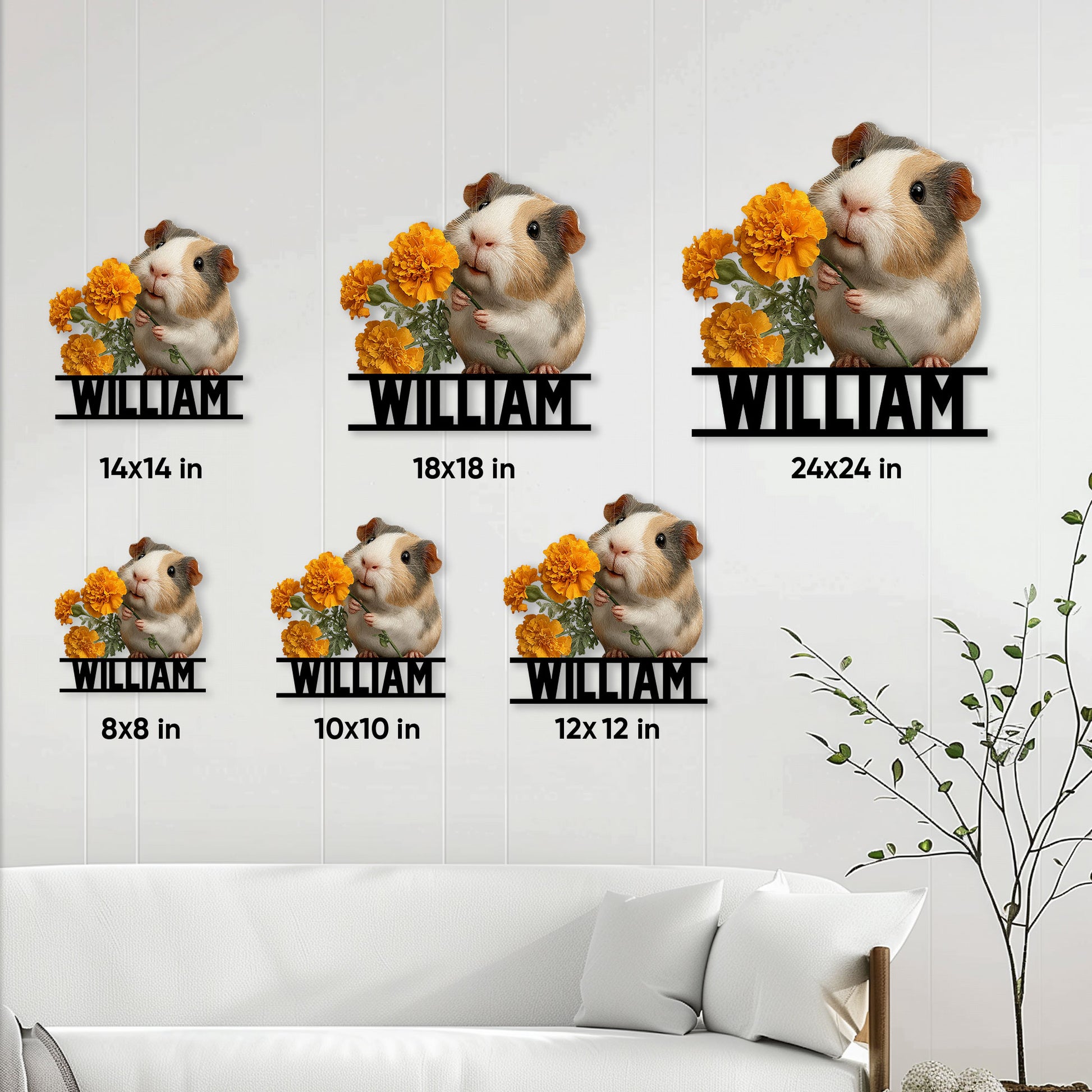Guinea pig metal sign size guide showing available square sizes from 8 by 8 to 24 by 24 inches