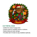 Maine Coon Christmas metal sign product feature showing the cut metal design and indoor or outdoor display use
