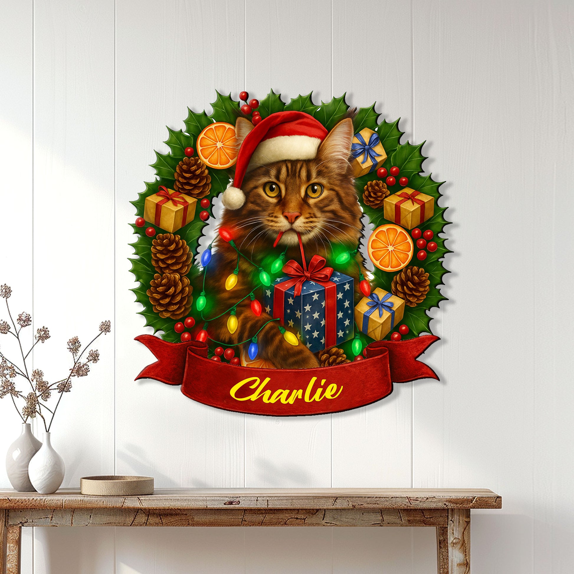 Maine Coon holiday metal wall sign displayed on a white paneled wall above a console table