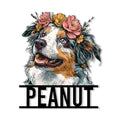 Australian Shepherd metal sign featuring a detailed floral-crowned dog portrait and bold lower nameplate
