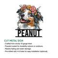 Australian Shepherd cut metal sign shown with a floral dog portrait and product feature infographic