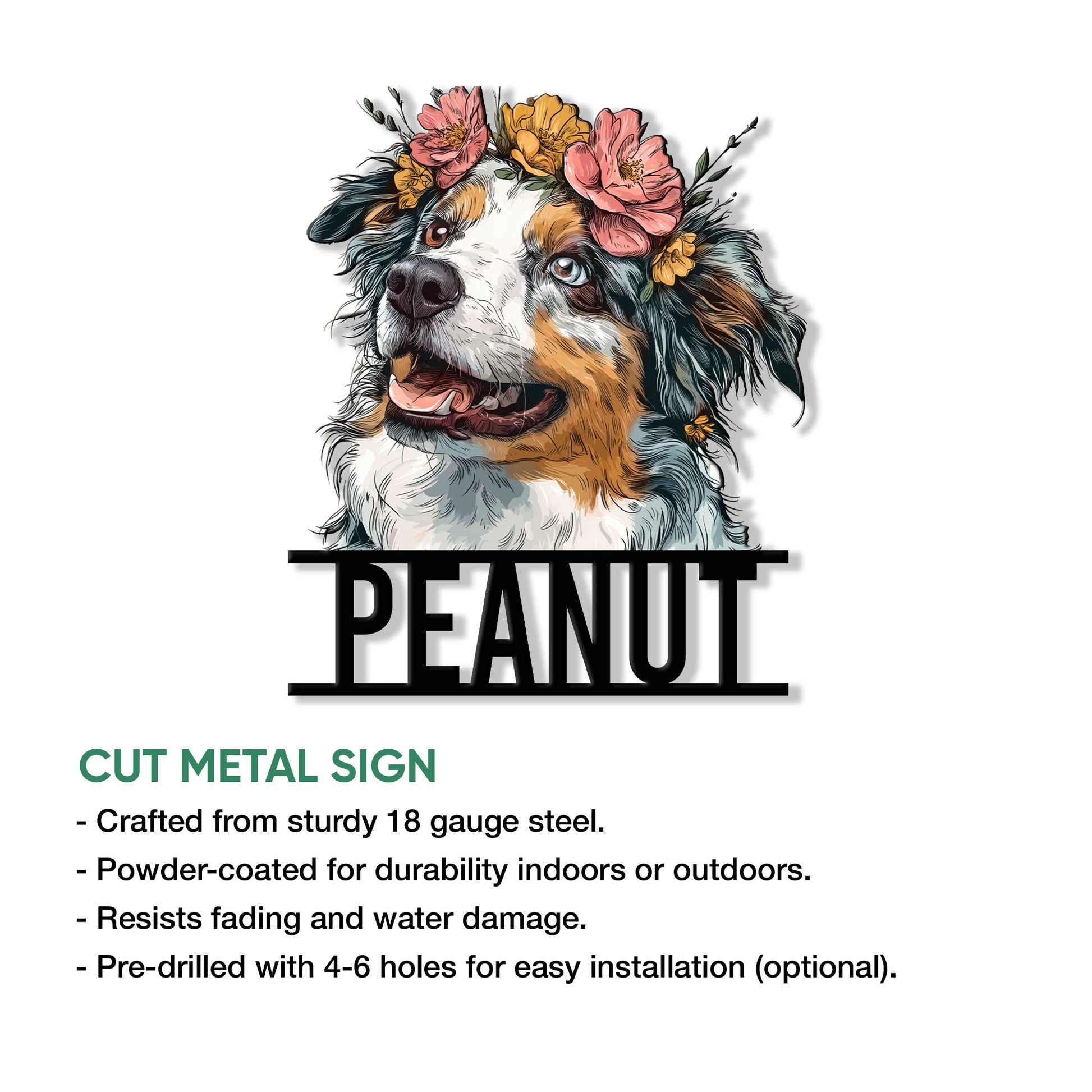 Australian Shepherd cut metal sign shown with a floral dog portrait and product feature infographic