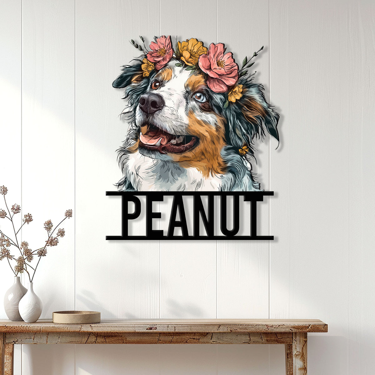 Floral Australian Shepherd metal sign displayed as welcoming dog lover wall decor in a bright home