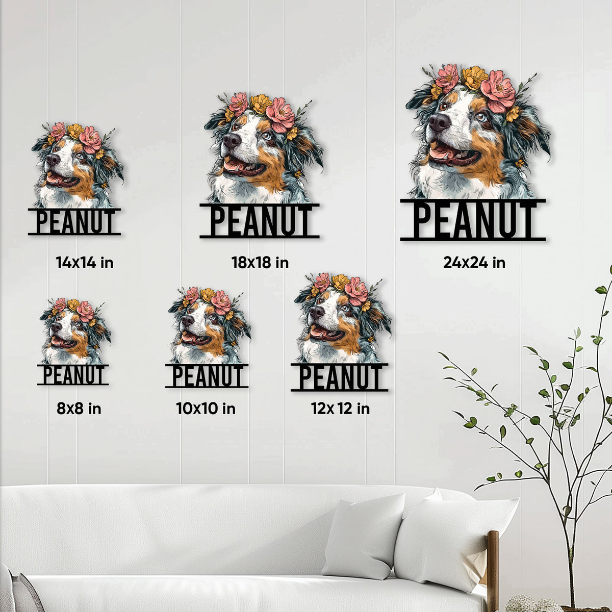 Australian Shepherd metal sign size guide showing available square sizes from 8x8 to 24x24 inches