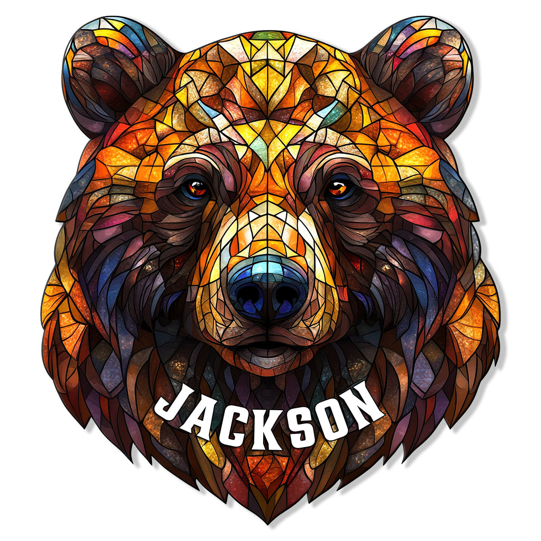 Stained-glass style bear portrait metal sign with rich amber, brown, blue, and purple tones