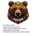 Bear metal sign feature graphic showing the stained-glass wildlife design and product construction details