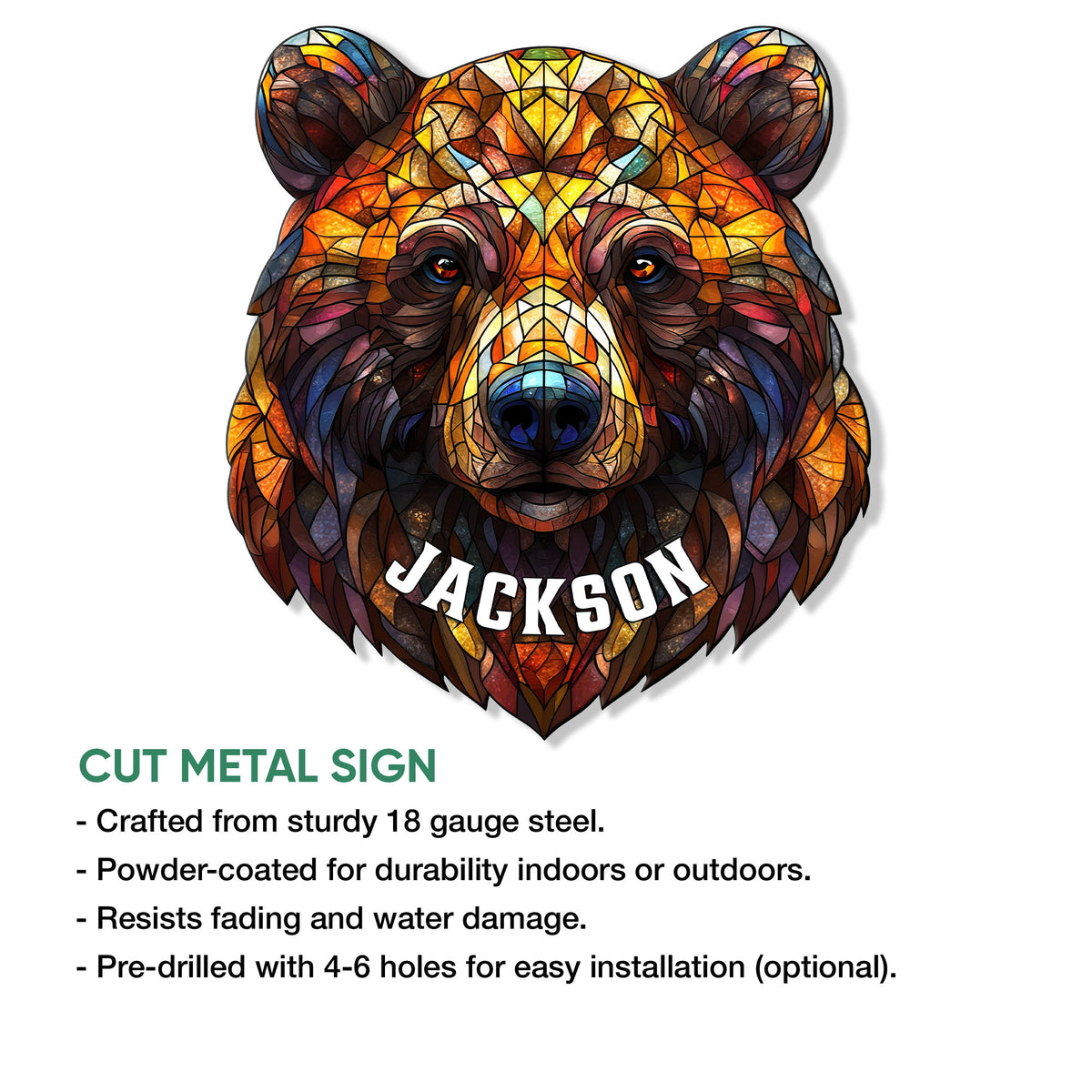 Bear metal sign feature graphic showing the stained-glass wildlife design and product construction details