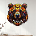 Colorful stained-glass bear metal sign displayed as statement wall decor in a bright home interior