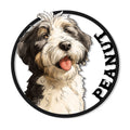 Aussiedoodle metal sign featuring a cheerful shaggy dog portrait inside a bold circular frame